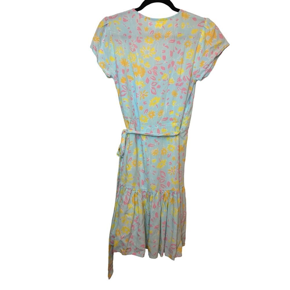 XIX Palms Floral Wrap Dress Womens L Blue Pink Yellow Ruffle Flutter Sleeve Boho - Picture 4 of 6